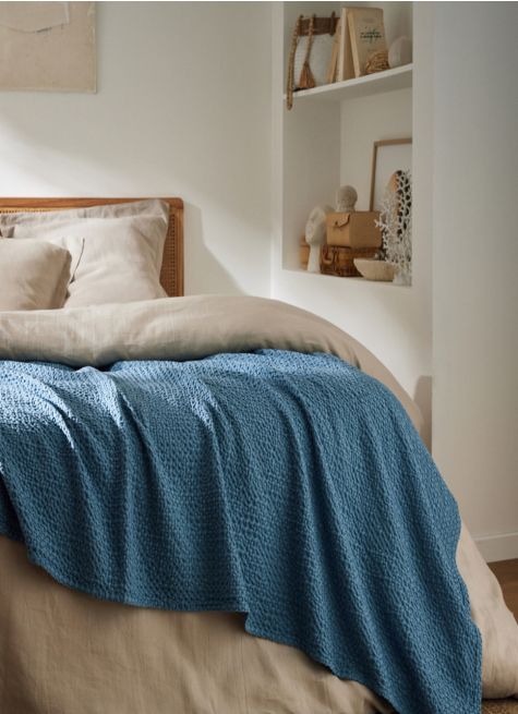 JETÉ DE LIT EN COTON LAVÉ NID D'ABEILLE 