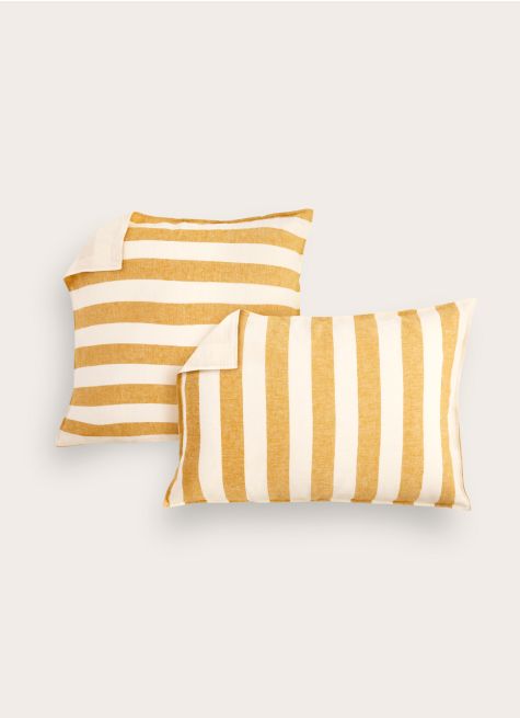 LOT DE 2 TAIES D'OREILLER RAYÉES COTON ET LIN CAFÉ