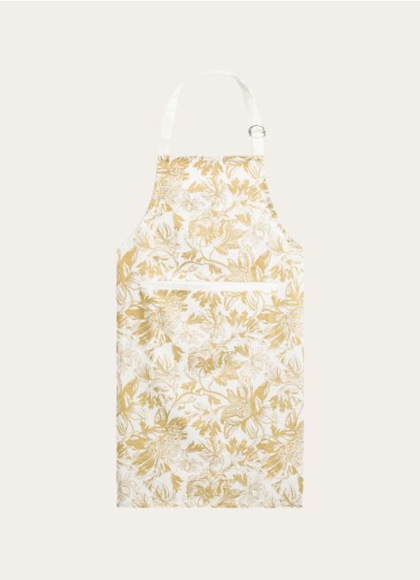 TABLIER EN COTON FLAMMÉ IMPRIMÉ FLEURS DORÉES
