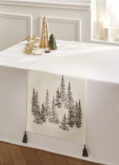 CHEMIN DE TABLE BRODÉ AVEC PERLES ET POMPONS