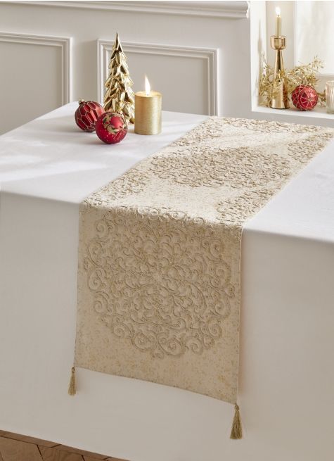 CHEMIN DE TABLE BRODÉ AVEC POMPONS DORÉS