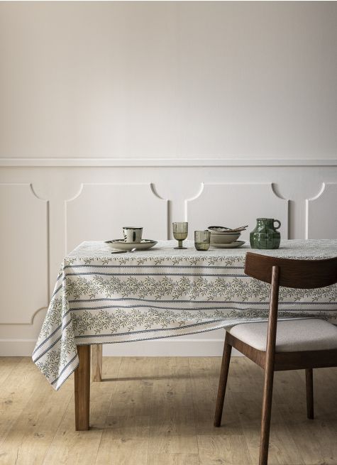 NAPPE EN COTON ENDUIT IMPRIMÉ RAYURES & OLIVIER