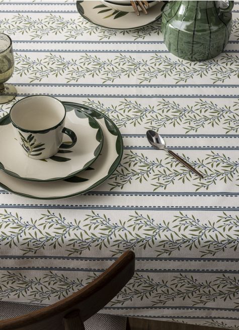 NAPPE EN COTON ENDUIT IMPRIMÉ RAYURES & OLIVIER