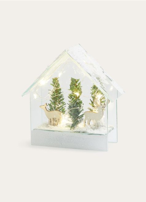MAISON LUMINEUSE AVEC SAPIN ET CERF