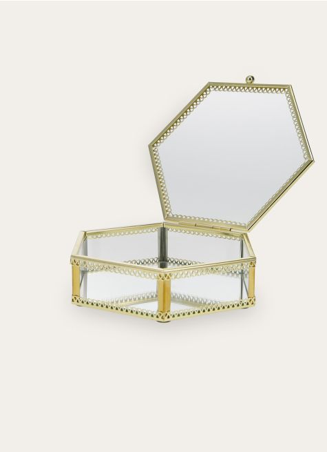 BOÎTE HEXAGONALE EN VERRE AVEC STRUCTURE DORÉE