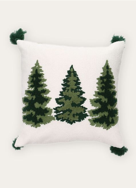 COUSSIN BRODÉ MOTIFS SAPINS AVEC POMPONS