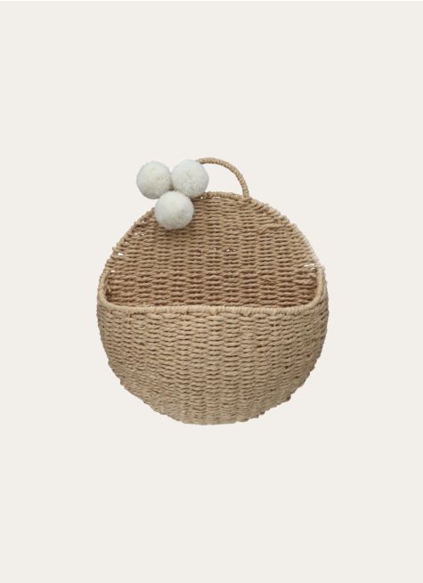 PANIER MURAL ROND EN ROTIN AVEC DES POMPONS